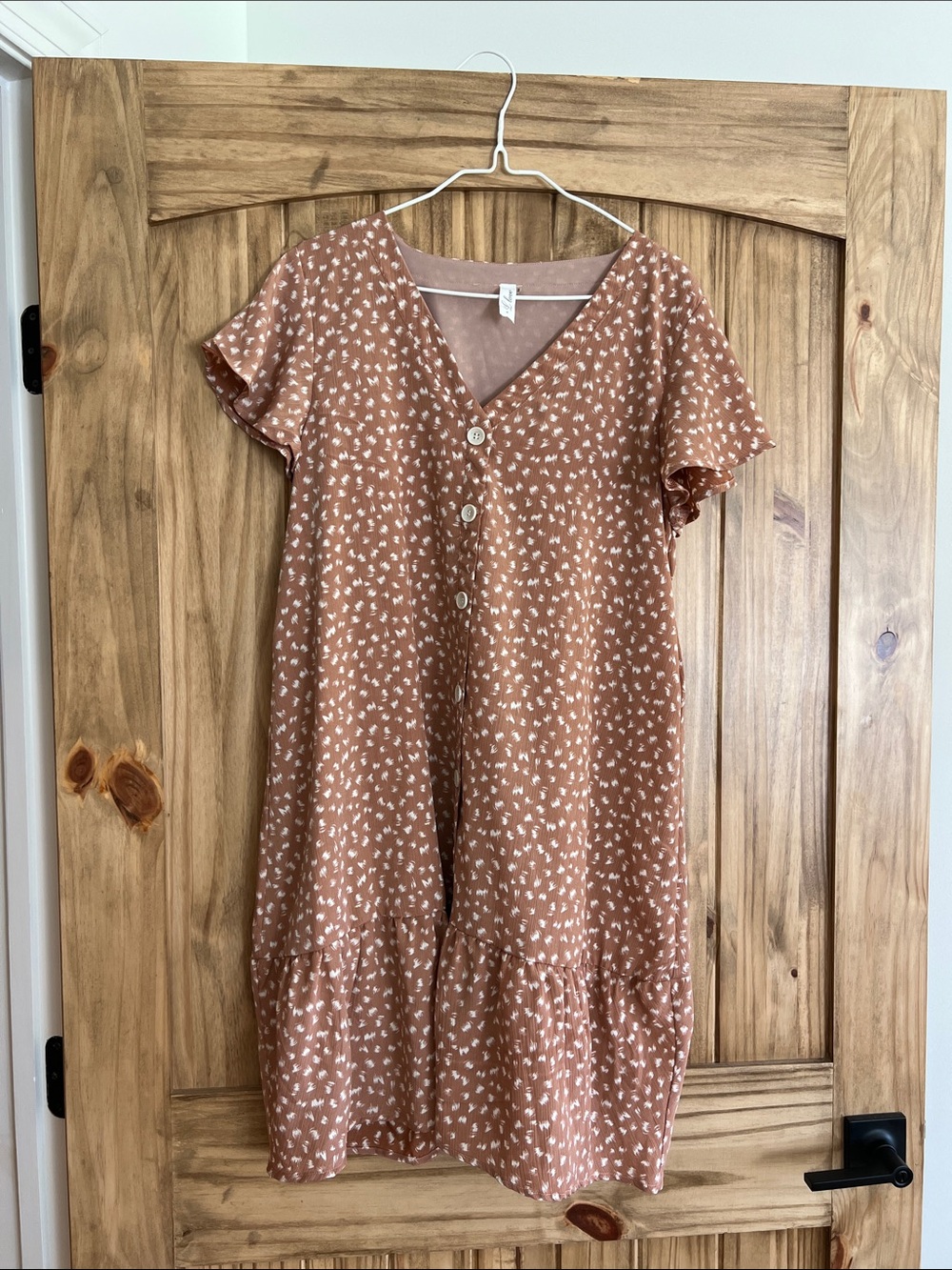 Flutter-Sleeve Floral V-Neck Button Dress